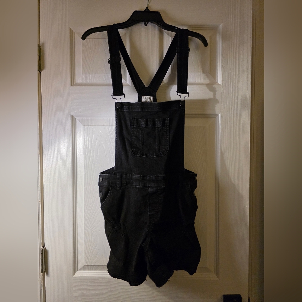 Wax Jean Distressed Black Denim Shortalls Romper